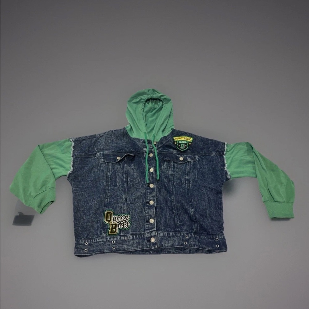 Vintage Denim Jacket Thrill Jeans Graphic Patch Hooded Green Women’s Plus Sz 2X